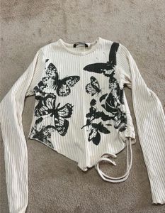 Butterfly Print Ribbed Long Sleeve Top