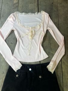 Pink Lace Trim Tie Front Top XS