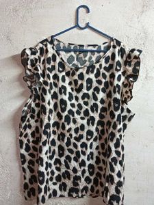 Leopard Print Ruffle Sleeve Top Oversized