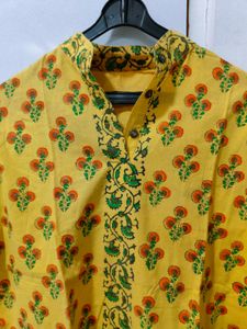Yellow Printed Short Cotton Kurti