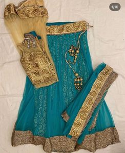 Teal Blue & Gold Embroidered Lehenga Choli Set