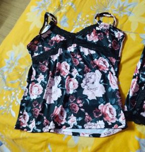 Floral Print Lace Trim Pajama Set
