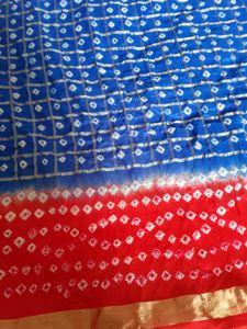 Blue &amp; Red bandhani Saree