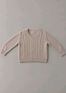 BEIGE CABLE KNIT V-NECK SWEATER