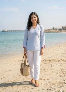 Light Blue Kurta with Red Accents