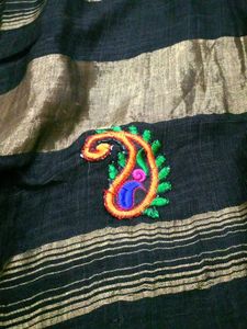 free shipping pure linen Elegant Black Saree witho