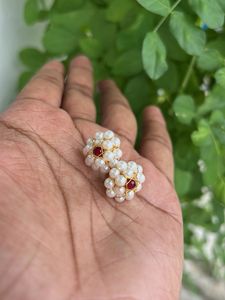 Pearl &amp; Ruby Flower Stud Earrings