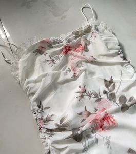 White Floral Print Ruched Maxi Dress