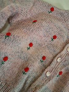 Floral Embroidered Pink Cardigan Hand knitted