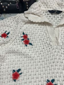White Crochet Top with Rose Embroidery