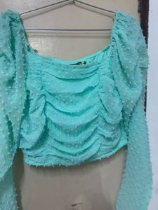 Aqua Ruched Swiss Dot Crop Top