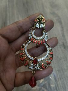 Exquisite Red &amp; White Stone Jhumka Earrings