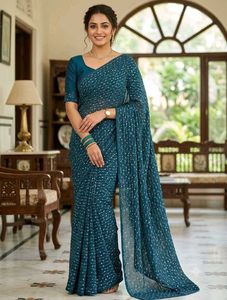 Elegant Teal Saree with White Polka Dots
