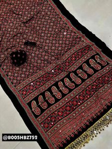 Mirror Work Ajrakh Embroidered Saree