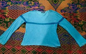 Blue Ribbed Long Sleeve Top