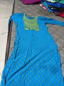 Boho Blue Kurti with Green Embroidery