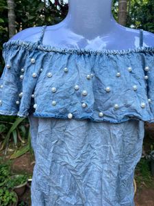 Denim Off-Shoulder Pearl Top