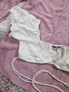 White Puff Sleeve Tie-Front Crop Top