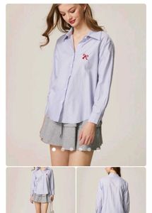 Blue Striped Shirt with Red Bow