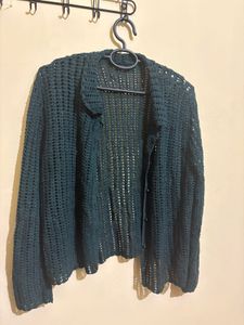 Dark Green Crochet mesh Button-Up Cardigan