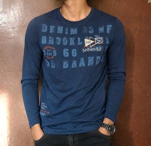 Men's Navy Blue Full Sleeve Graphic T-Shirt | Cott