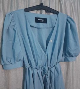 Light Blue Puff Sleeve Midi Dress