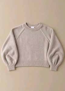 GREY CROPPED CREW NECK KNIT SWEATER WITH RIBBED