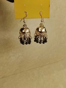 2PAIR Boho Silver Jhumka Earrings with Black Beads
