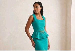 Elegant Teal Peplum Dress with Chain Belt