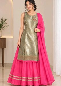 Olive & Rani Pink Brocade Kurti-Lehenga Set