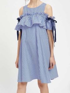 Korean Style Blue Gingham Cold Shoulder Dress