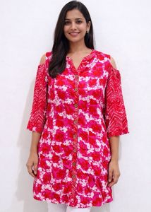 Vibrant Pink & White Cold Shoulder Kurta