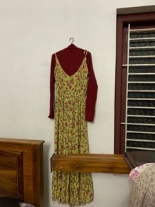 Green Floral pinafore Dress with maroon Inner top