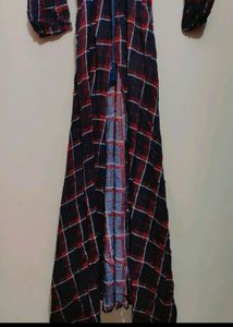 Red &amp; Navy Blue Check Print Long Front Cut Open Ku