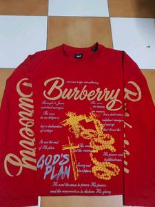 Red Burberry Long Sleeve waffle boxy Tee