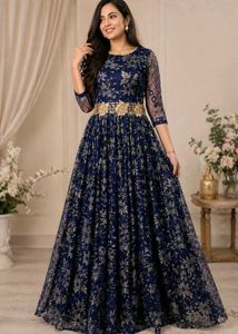 Elegant Navy Blue Floral Gown