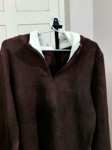💥BUY1GET1💥 imported brown quarter-zip hoodie with white trim.