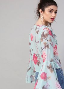 Chic Floral Bell Sleeve Tie-Front Blouse
