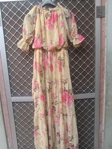 Floral Print Yellow Full Lentgh Dress. It Can Use