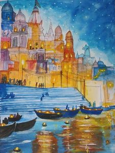 Vibrant Varanasi Ghats Watercolor Painting