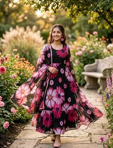 anarkali suit with dupatta , black and pink colour