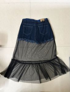 Trendy Stretch Denim Shorts with Black Sheer Tulle