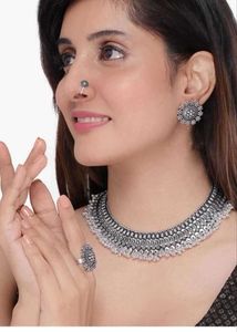 Oxidized Silver Necklace with Earrings &amp; Rings