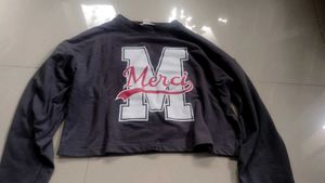 Grey "Merci" Graphic Cropped Long Sleeve Top
