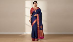 New Elegant Navy Blue Saree with Pink Border