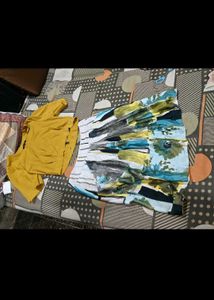 Yellow top short harpa with Printed Skirt Set