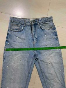 MANGO Pearl Embellished Light Wash Jeans