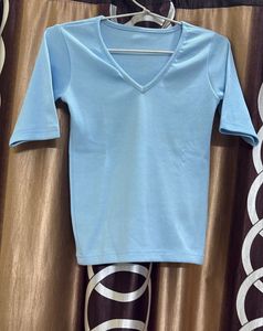 Light Blue V-Neck ribbed Top