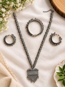 Oxidized Silver Necklace with Earrings & Bracelet