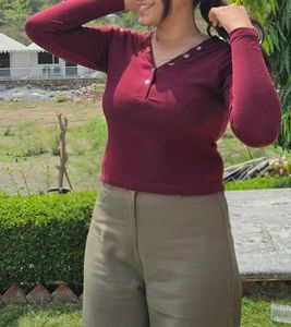 Stylish Burgundy Ribbed Henley Top